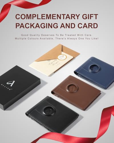 Image of ALLIVE Airtag wallet for men - Genuine Leather Mens Wallet RFID Blocking Slim Billfold with Built-in AirTag Holder, 8 Card Slots, Minimalist Front Pocket Wallet with Gift Box(Vintage Brown)
