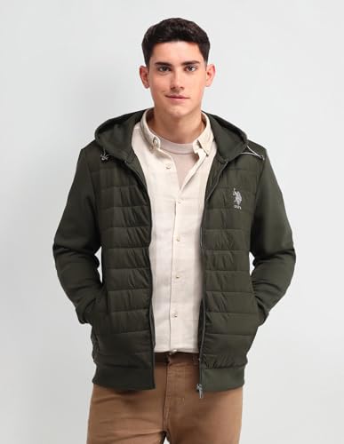 Image of U.S. Polo Assn. Denim Co. Men's Green Solid Hooded Long Sleeve Casual Polyester Regular Fit Quilted Jacket