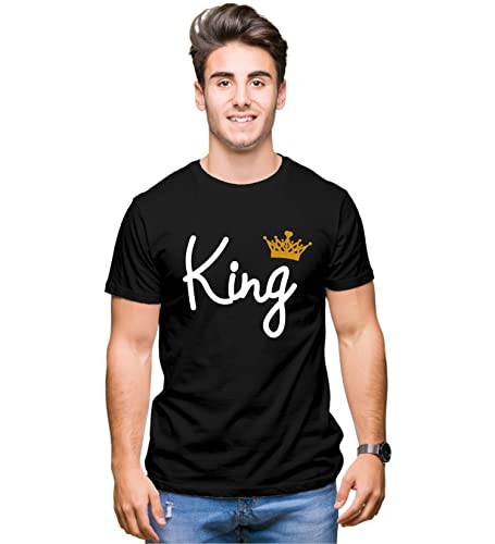 Image of Hangout Hub Hangout-Hub110 King Queen Couples Tshirt for Couple | Printed T-Shirts for Boyfriend Girlfriend and Husband Wife | Regular Fit (Set of 2, Cotton)