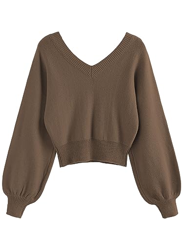Image of ZAFUL Women's Cropped Sweater V-Neck Long Sleeve Pullover Jumper Knit Top