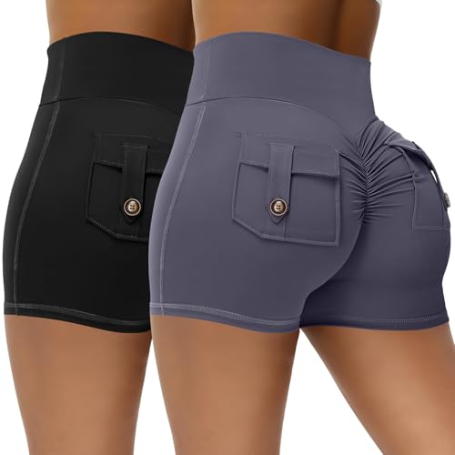 2 Pack Women Scrunch Butt Workout Shorts with Pockets V Waist Athletic Gym Biker Shorts for Women Yoga Booty Bottoms