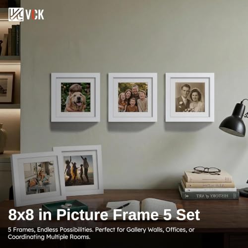 Image of VCK 8x8 Picture Frame 5 Pack, White Wood, 6x6 Mat, Glass, for Photo Print