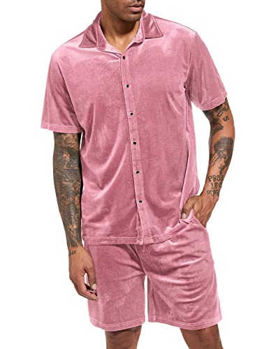 LecGee Men Summer Casual Short Sets Velvet Short Sleeve Button Down Shirt Elastic Waist Shorts 2 Piece Outfits Tracksuit2