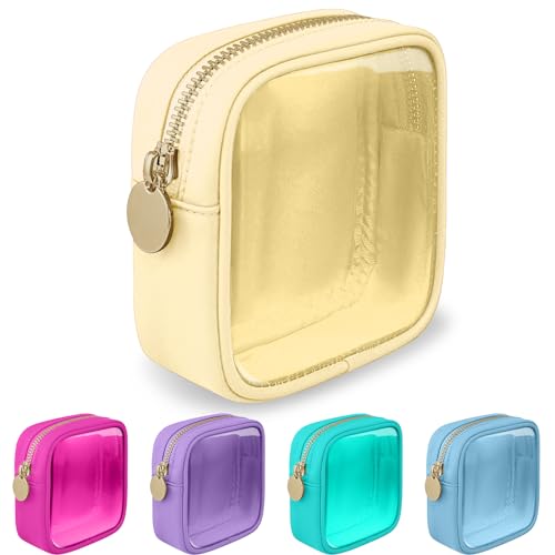 Mini Clear Travel Makeup Organizer Bag for Purse, Small Cute Makeup Bag Preppy Cosmetic Zipper Pouch Purse, Transparent PVC & Nylon Waterproof Coin Pouch Sanitary Napkin Storage Bag for Women(Beige)