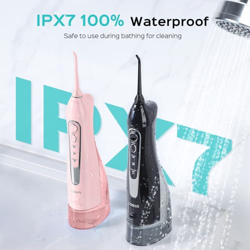 Image of COSLUS ADA Accepted Water Dental Flosser Teeth Pick C20: Portable Cordless Oral Irrigator 300ML Rechargeable Travel Irrigation Cleaner IPX7 Waterproof Electric Flossing Machine, Double Set Black&Pink