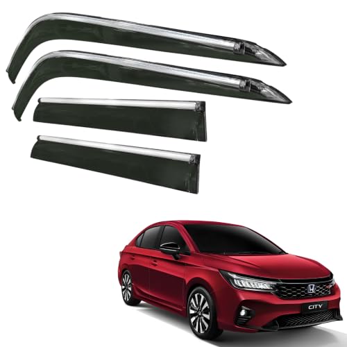 Image of CAR SAAZ Side Door Visors for City (2023-Present)(Set of 4Pcs) | Smoke Finish Chrome Lined Rain Guards, Polycarbonate