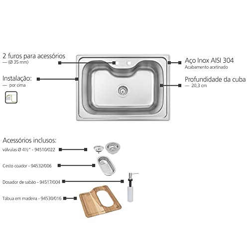 Tramontina 93806102 Cuba de Sobrepor Morgana em Aço Inox Acetinado 69 x 49 cm com Válvula Dosador de