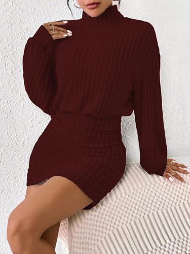 Women's Pullover Sweater Dress Long Lantern Sleeve Turtle Neck Cute Ribbed Knit Bodycon Mini Short Dress 2024 Fall4