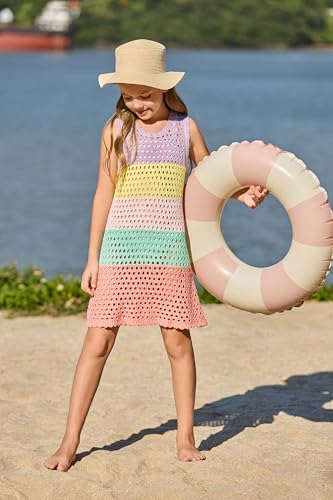 Image of Haloumoning Girls Color Block Crochet Knit Swim Cover up Kids Summer Sleeveless Beach Dress 5-14 Years