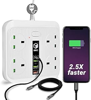 iBlockCube Extension Lead with Fast Charging USB Port | 4 Way Outlet with 4 USB (1Type C+1QC3.0+2USB) | 2M/6.5FT Multi Socket Hub Power Strip 20W 250V UK Plug | Fuse & Shutter, Surge Protected (White)