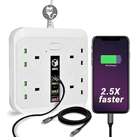 iBlockCube Extension Lead with Fast Charging USB Port | 4 Way Outlet with 4 USB (1Type C+1QC3.0+2USB) | 2M/6.5FT Multi Socket Hub Power Strip 20W 250V UK Plug | Fuse & Shutter, Surge Protected (White) Cover