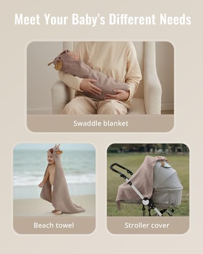 Image of Blissful Diary Muslin Baby Hooded Towel 2 Pack, Soft & Absorbent Bath Towel for Infant, Toddler, Unisex, Baby Gift, Newborn Essentials, Bear & Giraffe
