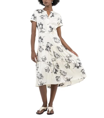 Womens Midi Dress Silk White V Neck Band Collar A Line Short Sleeves Pull On Work Office Business Casual