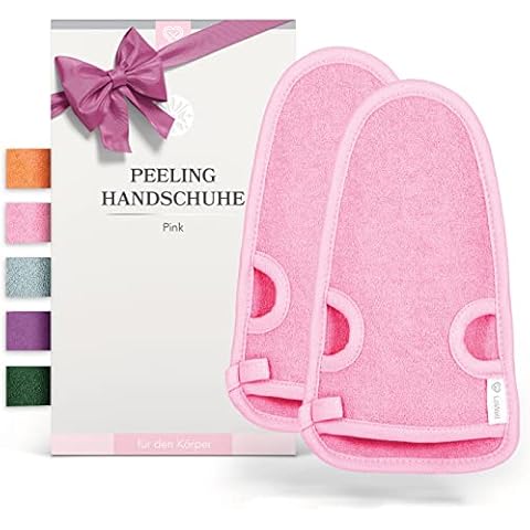 LoWell® 2 Stück Peelinghandschuh - Hamam Peeling Handschuh für Körper und Gesicht - Bonus Peeling Guide und 2 Saugnäpfe - Pink Cover