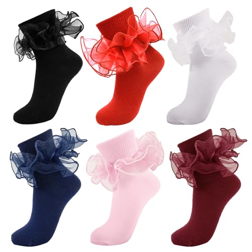 Image of Women Big Ruffle Ankle Socks Adult Double Lace Frilly Turn Cuff Dress Socks Cotton Cute Fancy Bobby Crew Socks