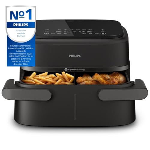 Philips Air Fryer Série 1000 Double Panier avec Séparateur Amovible Technologie RapidAir 10 Modes de Cuisson 90% de Matières Grasses en Moins Design Compact Application HomeID NA15400 - vue 2