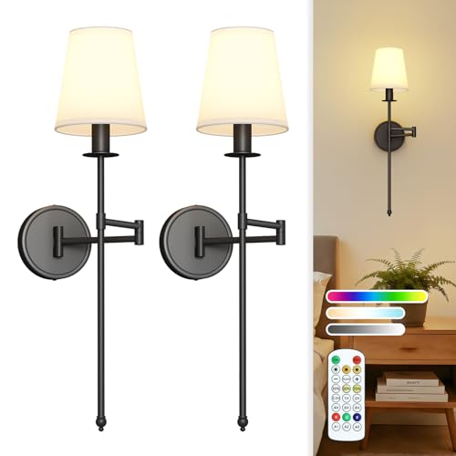 Image of Joosenhouse Black Wireless Wall Sconces Set of 2, Battery Operated Wall Lights with Remote Control, 9 RGB Color Options, 24.8 inch Dimmable Wall Lights for Hallway, Bedroom, Living Room