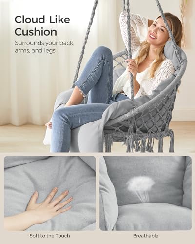 Image of SONGMICS Hanging Chair Thick Cushion Hammock Chair Accessories Included | Hammock Chair with Large, Thick Cushion, Boho Swing Chair for Bedroom, Patio, Balcony, Dove Gray UGDC042G11