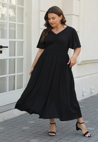 Image of Keluummi Plus Size Maxi Dress for Women Floral Empire Waist V-Neck 3 /4 Sleeve with Pockets