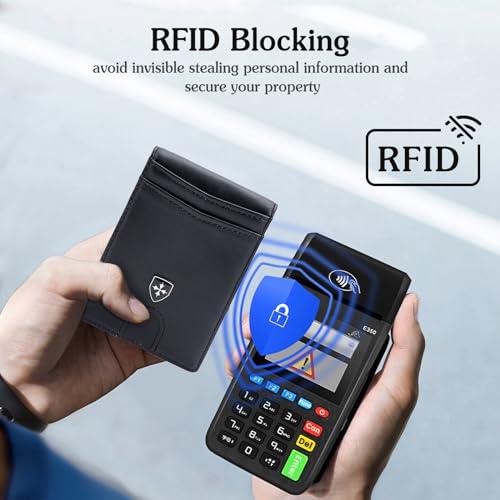 PORRASSO Men Wallets RFID Blocking Slim Wallet Bifold Card Holder PU Wallet with 7 Card Slots Strong Money Clip Black4