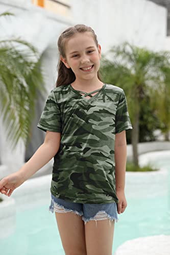 simtuor Girls Camouflage Stripe Short Sleeve Shirts V Neck Criss Cross Tees Sweat Kids Casual Sport Tops Blouse（4-15T）2
