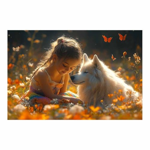 Toile Fille avec Chien Blanc Champ de Fleurs Déco Salon Jaune