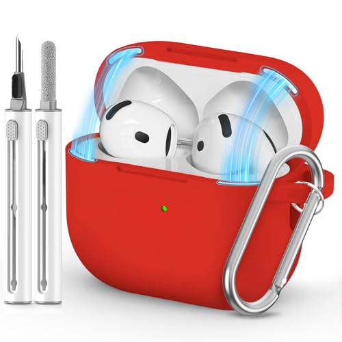 Image of Ljusmicker for AirPods 4 Case 2024 with Magnetic Lock,Red | Soft Silicone Protective Cover for Apple AirPods 4th Generation Case with Cleaner Kit & Keychain for Women Men,Shockproof