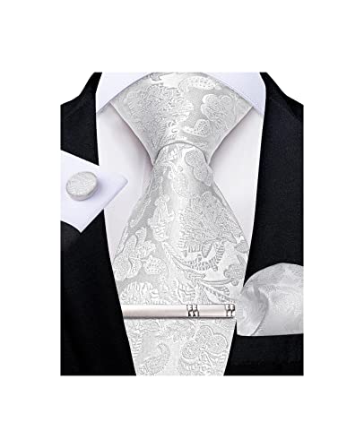 Image of DiBanGu Silk Floral Ties for Men Woven Paisley Necktie and Tie Clip Handkerchief Cufflinks Set for Party Wedding