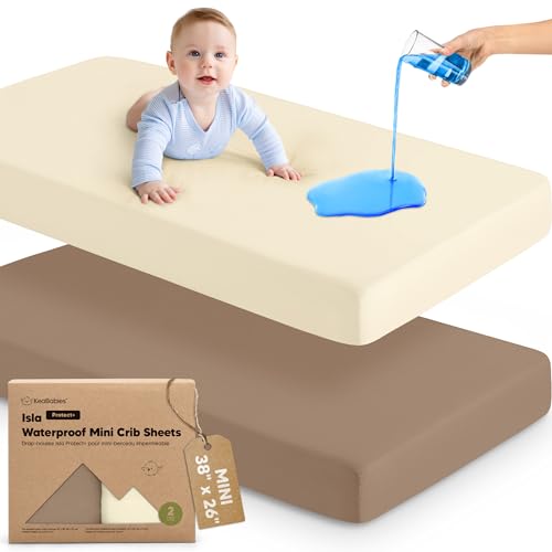 Image of 2-Pack Waterproof Pack and Play Sheets, Mini Crib Sheets Fitted for Boy, Girl - 38 x 26 Viscose from Bamboo Pack N Play Mattress Sheets for Graco, Toddler Playard Baby Crib Sheets Neutral (Latte)
