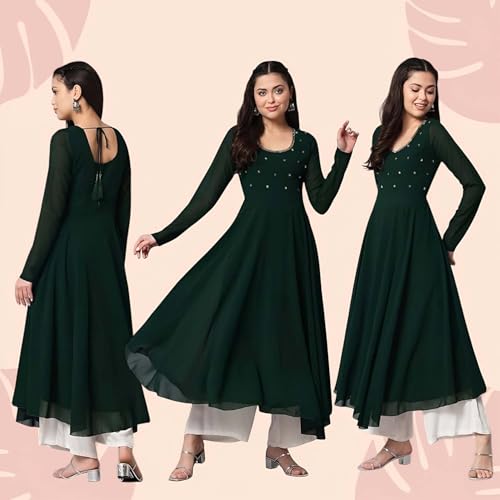 Image of PH POSHAKHUB Georgette Regular Fit Hand Embroidery Anarkali Kurta Set for Women, Yoke Anarkali Kurta for Woman, Ankle Length Anarkali Suit for Women, Full Sleeve Kurti, Dress for Woman