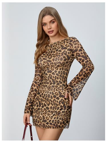 Image of MakeMeChic Women's Cheetah Print Mini Dress Y2k Bell Sleeve Leopard Print Dress Going Out Outfits