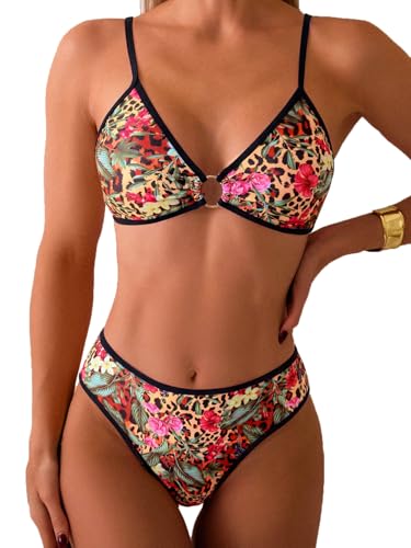 Image of Fanuerg Women's Triangle Bikini Sets O Ring Linked Two Piece Swimsuits Floral Printed Cheeky Bathing Suit