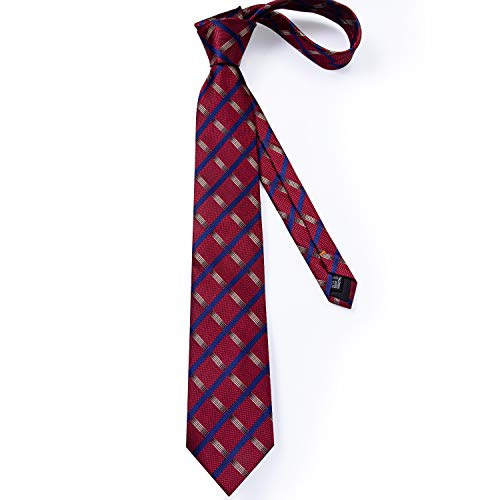DiBanGu Plaid Tie Men's Silk Tie and Pocket Square Cufflinks Tie Clip Set Wedding Business, Red2, One size
