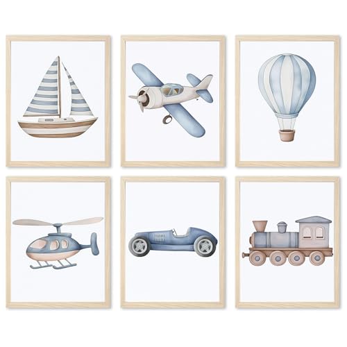 Lot de 6 impressions sur toile de peintures à l'aquarelle pour voiture de chambre d'enfant, train, avion, bateau, montgolfière, bleu, 30,5 x 40,6 cm, sans...