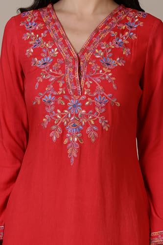 Image of Aurelia Red Solid Acrylic Straight Kurta & Palazzo for Women