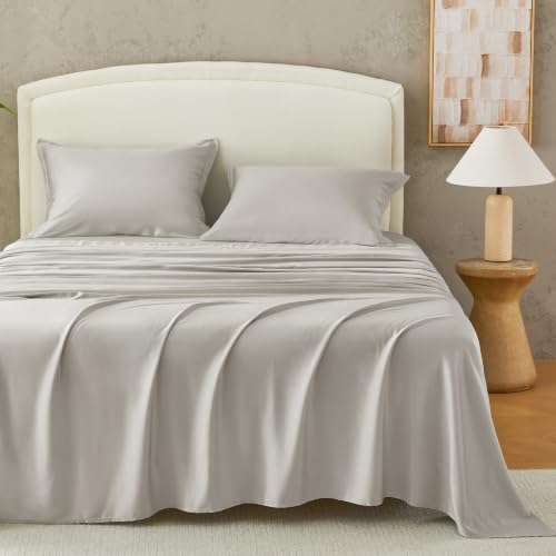 Image of Andency Sateen Sheets Set, 100% Viscose Derived from Bamboo, Hotel Luxury Silky & Cooling for Hot Sleepers, Deep Pocket Up to 16 inch, Grey Queen