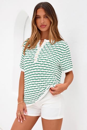 PRETTYGARDEN Womens Knit Summer Tops Button Short Sleeve Sweater Casual Crewneck Chevron Henley Shirts Dressy Work Blouses(Green White,XX-Large) — view 2