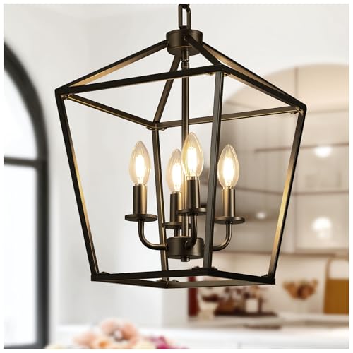 L LOHAS LED Black Farmhouse Chandelier, Industrial 4-Light Lantern Dining