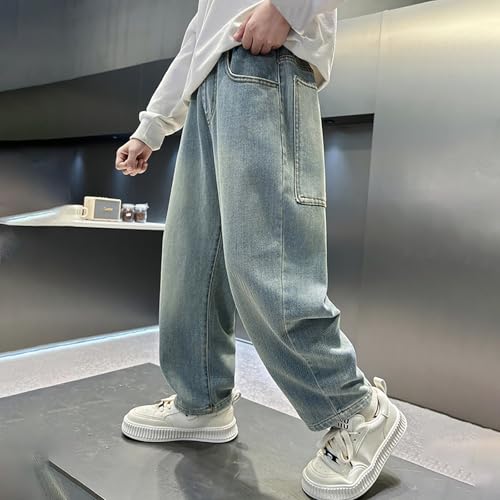 Boys Ripped Jeans Distressed Elastic Waist Baggy Denim Pants Wide Leg Straight Trousers Y2k Streetwear Pants 4-14Y4