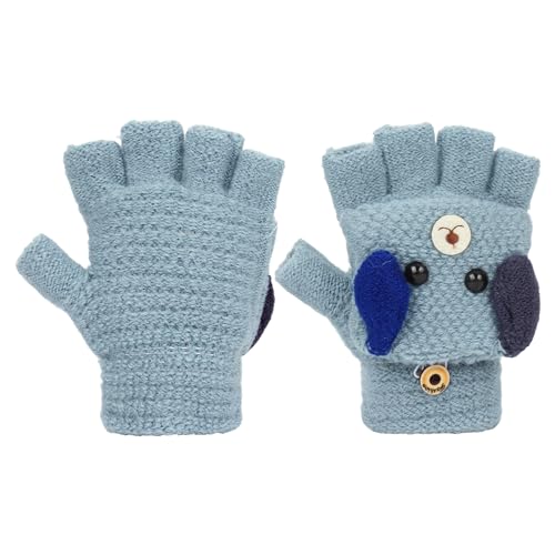 Children Cartoon Dog Winter Warm Cashmere-like Knit Fingerless Gloves with Mitten Cover Blue3