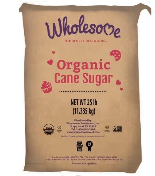 Wholesome Organic Cane Sugar, USDA Certified Organic, Fair Trade Certified, Gluten Free & Non-GMO, 25 Lb (Pack of 1)