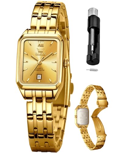 Image of OLEVS Watches for Women Gold Dress Analog Quartz Square Female Watch Stainless Steel Waterproof Calender Stylish Watch for Ladies