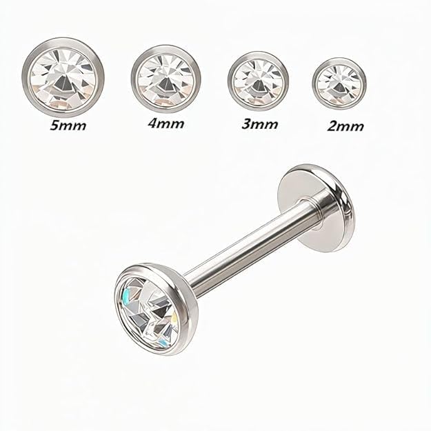 Image of 316L Surgical Steel Labret Stud with Clear CZ | Flat Back Screw-On Piercing Jewelry for Lip, Nose, Ear & Cartilage | Hypoallergenic 18G | Unisex Body Jewelry (2mm)