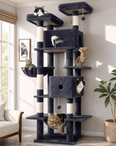 Image of Globlazer Heavy Duty Cat Tree Tower 80in Tall Extra Large Cat Tree Tower for Multiple Indoor Cats Large Adult with Scratching Posts, 2 Spacious Condos, Padded Perches, Soft Hammock, S80B, Dark Grey