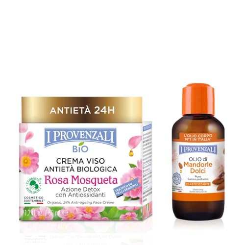 I Provenzali Bipack Crema Viso Antietà Biologica Rosa Mosqueta 50ml e Olio di mandorle Dolci Elasticizzante 55ml