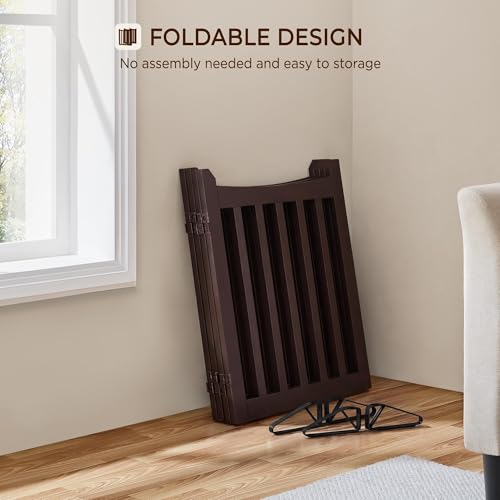 Image of Yaheetech 24in 4-Panel Wooden Freestanding Pet Gate for Indoors Espresso | Dog Fence with 2 Support Feet for Stairs /Doorways /Halls /Kitchen, Foldable for Storage,Easy Assembly,Ideal for Small Pets