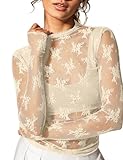 KTILG Mesh Shirt Women Sexy Long Sleeve Sheer Lace Top Slim Fit Night Out Tops See Through Tee Shirt Outfits Creamy L