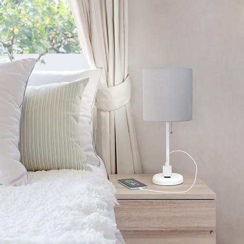 Simple Designs LT2024-GOW-2PK Two Pack White Stick Table Desk Lamp Set with Charging Outlet and Drum Fabric Shade for Living Room, Hallway, Nightstand, Office, Gray Shade - Thumbnail 2