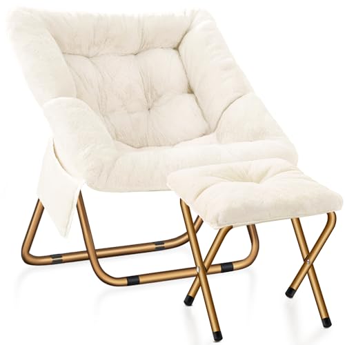 Kasunpul Comfy Saucer Chair, Foldable Living Room Chairs, Soft Faux Fur Lounge Chair for Bedroom, Reading Chairs for Adults, Teens, X-Large (White)