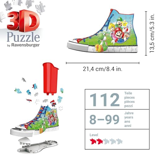 Ravensburger - Puzzle 3D Portapenne Sneaker Super Mario Edition | Puzzle 3D Bambini A Partire Dagli 8 Anni | Modellismo Da Costruire Bambini Di 112 Pezzi | Regalo Bambino 8 Anni E Più - 3